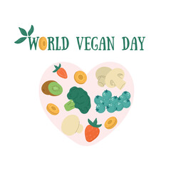 World Vegan Day Celebration with Fresh Fruits and Vegetables in Heart Shape