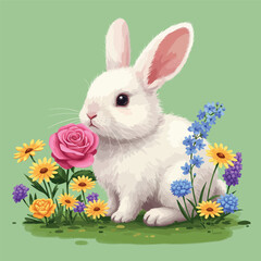 Adorable White Rabbit in a Spring Flower Garden.