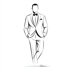 Stylish man in tuxedo, elegant black and white line art, representing fashion and formality