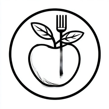 bApple with fork in circle, bold black line art, representing healthy eating and diet with copy space.