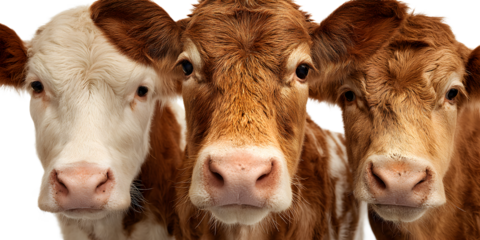 Three adorable cows looking directly at the camera, perfect for farm, agriculture, and livestock projects with a charming, rustic aesthetic