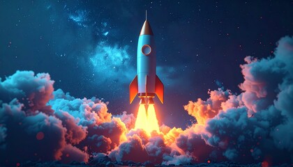 Rocket on dark blue background, startup concept. 3d illustration