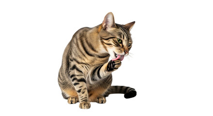 Fototapeta premium Brown tabby cat licking paw isolated on transparent background, grooming itself