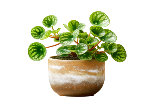 Pilea Peperomioides Plant in Terracotta Pot isolated on a transparent background