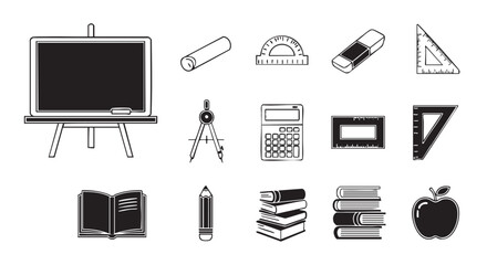 School and Education Black and White Icon Set Line Art Illustration