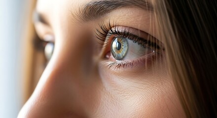 Close up woman eye photo. Caucasian female face eye macro nature beauty gray color iris and brown hair. Side look profile woman close portrait photo.