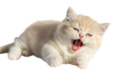 Cute kitten yawning isolated on transparent background, showing its tongue and teeth