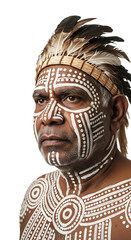 Aboriginal man with traditional face paint isolated on transparent background