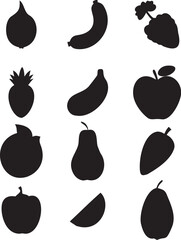 A vector set of fruit and vegetable icons including apple, lemon, cherry, and banana for healthy food design