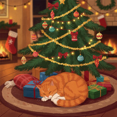 Ginger Cat Sleeping Under a Festive Christmas Tree.