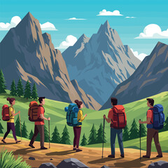 Group Hiking in the Mountains Illustration.