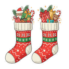 Hand Drawn Christmas Stockings with Gifts.