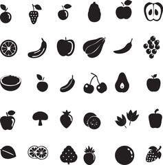 Stock image set of fruits and berries with icon illustration vector symbols of apple, banana, lemon, strawberry, and cherry