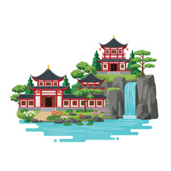 Japanese Temple with Waterfall and Nature.