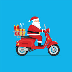 Santa Claus delivering gifts on a red scooter.