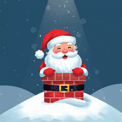 Santa Claus emerging from a chimney on a snowy rooftop at night, with a spotlight on him.