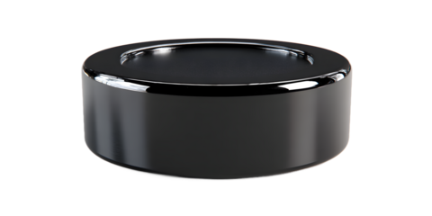 Sleek black metallic cylinder with reflective chrome rim, perfect for modern product mockups and industrial design concepts.
