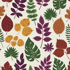 Seamless Pattern with Various Autumn Leaves on a Light Background.
