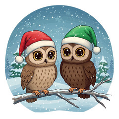 Two cute cartoon owls wearing Santa hats in a winter scene.