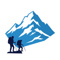 Two hikers with backpacks and trekking poles ascend a snowy blue mountain peak.