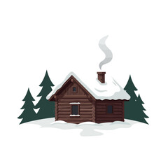 Winter cabin scene with snow and trees.
