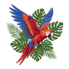 Vibrant Scarlet Macaw with Tropical Leaves Illustration.
