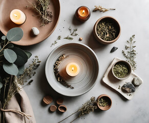 Clay Bowls, Leaves and Center Candle