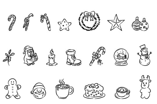 Hand-Drawn Christmas Clipart, Cute Festive Illustrations Featuring Santa, Penguin, Gifts, Bells, Candles, Snowflakes, Moon, Gingerbread, North Pole Sign, and Holiday Ornaments for Crafts