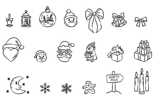 Hand-Drawn Christmas Clipart, Cute Festive Illustrations Featuring Santa, Penguin, Gifts, Bells, Candles, Snowflakes, Moon, Gingerbread, North Pole Sign, and Holiday Ornaments for Crafts