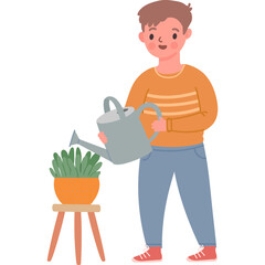 Young Boy Watering Potted Plant With A Watering Can Wearing An Orange Striped Sweater Blue Jeans And Red Sneakers