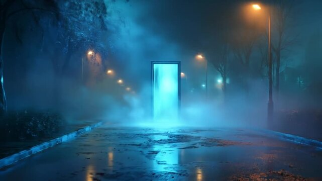 A glowing portal opens on a wet street, enveloped in blue mist under streetlights