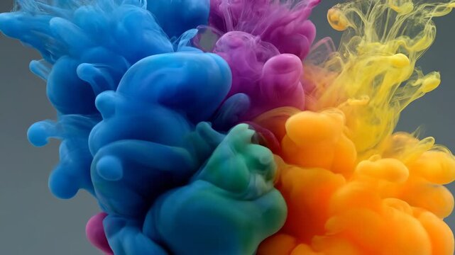 Multiple colorful ink plumes gracefully mix and collide, creating intricate patterns in ultra slow motion dynamic, compositing, creative