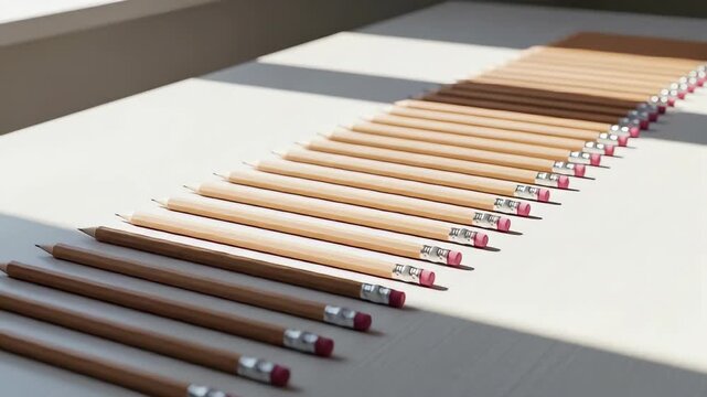 A group of pencils lined up with erasers on a white surface, illuminated by light