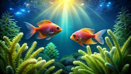 Fototapeta premium Two Vibrant Fish Gracefully Swim Amidst Lush Underwater Flora in a Serene Aquatic Scene