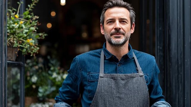 The Confident Entrepreneur: A close-up portrait of a business owner, radiating assurance as he stands in the entrance of his establishment, personifying entrepreneurial spirit and pride.
