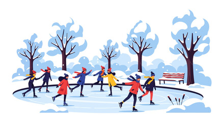 A group of cheerful people in colorful winter clothes enjoying ice skating together on a frozen rink in a snowy park