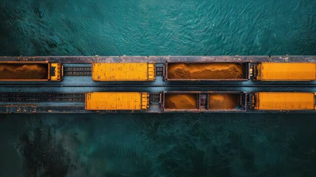 Aerial view train cars cross teal river, some hold ore