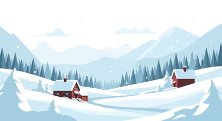 Serene winter landscape with snow-covered houses and pine trees nestled in a valley © Avra