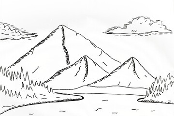 Black and white landscape sketch with mountains, clouds, calm lake, and simple trees drawn in hand-sketched lines, minimalist nature scenery illustration
