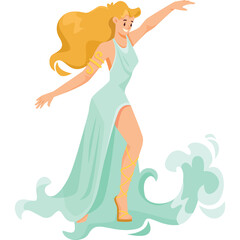 Graceful Blonde Woman in Flowing White Dress Poses Amidst Teal Waves and Golden Accents