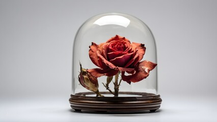 Dried Rose Displayed Under Glass Dome With Wooden Base in Minimalistic Setting
