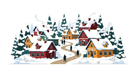 Charming holiday village in a snowy forest with colorful scandinavian houses and smoke from chimneys
