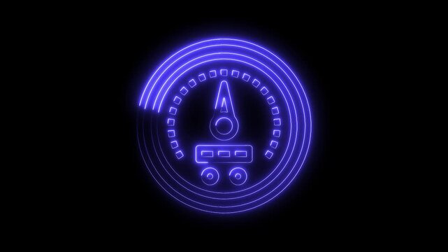Glowing neon speedometer display animation on black background indicating performance and metrics