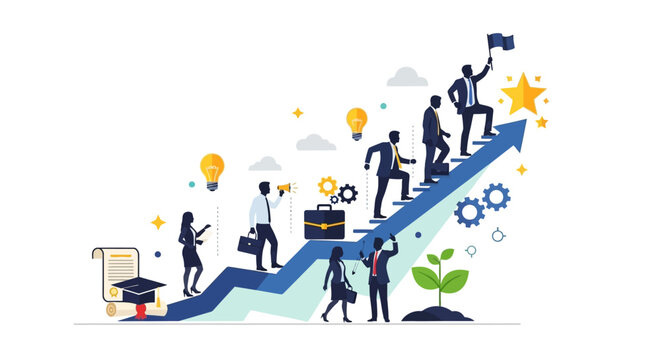 Business growth and career progression visualized as a journey up an upward trending arrow