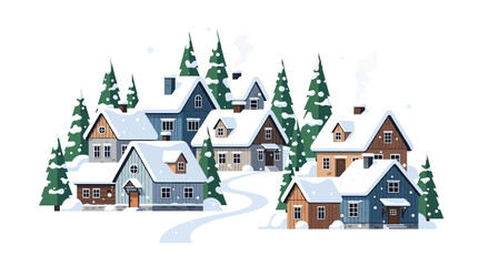 Fototapeta premium Charming winter village scene with cozy snow-covered houses nestled among evergreen trees, evoking a tranquil and festive holiday spirit