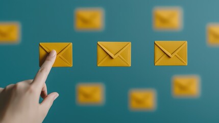 A hand reaching out to select a yellow envelope icon against a blue background, symbolizing communication and digital interaction.