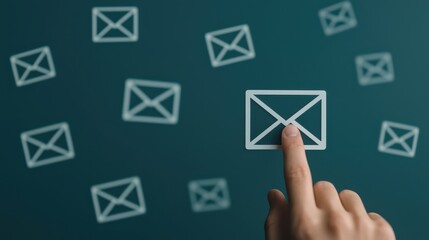 A hand reaching out to select an envelope icon from multiple similar icons on a blue background, symbolizing communication or email interaction.