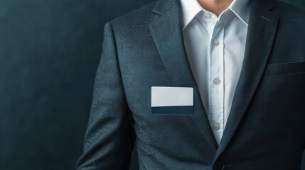 A close-up of a person in a suit with a blank name tag, set against a dark background, conveying professionalism and formality.