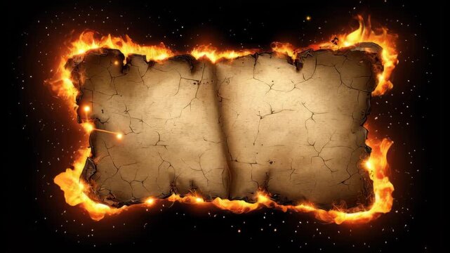 Burning scroll, cracked texture, on black background