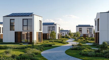 Modern houses with solar panels amidst lush greenery and walkways, showcasing eco-friendly architecture and a serene living environment.